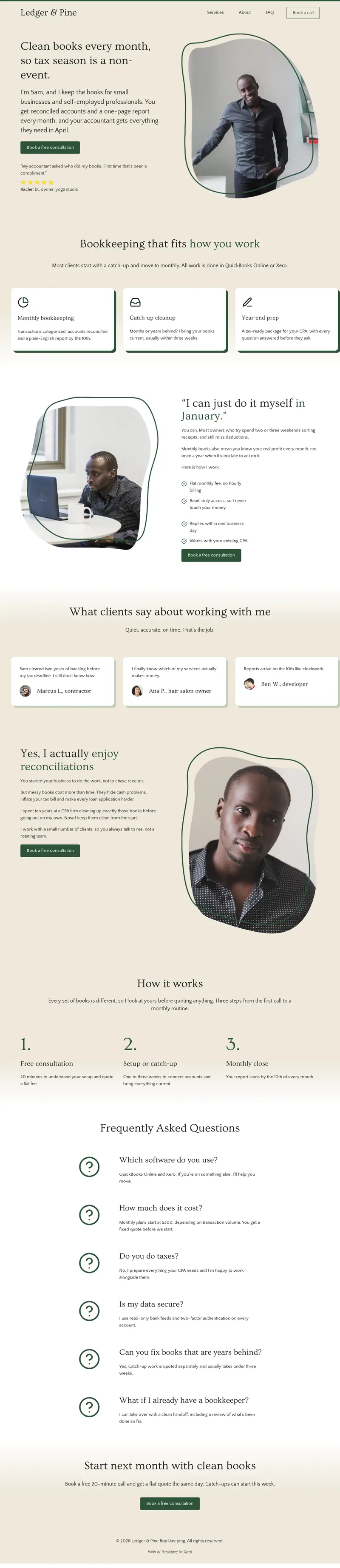 Full page of the Bookkeeper sample site built with Calgary