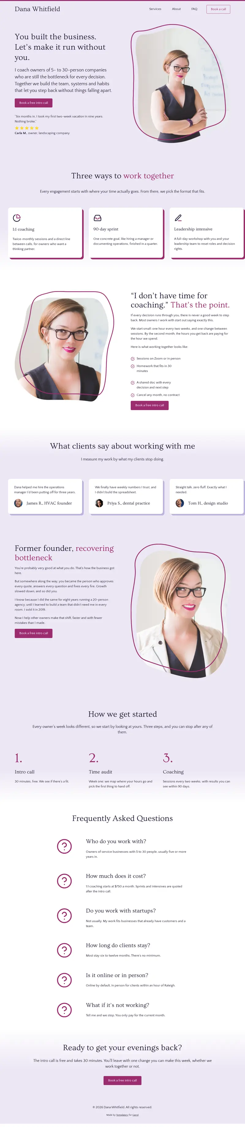 Full page of the Business coach sample site built with Calgary
