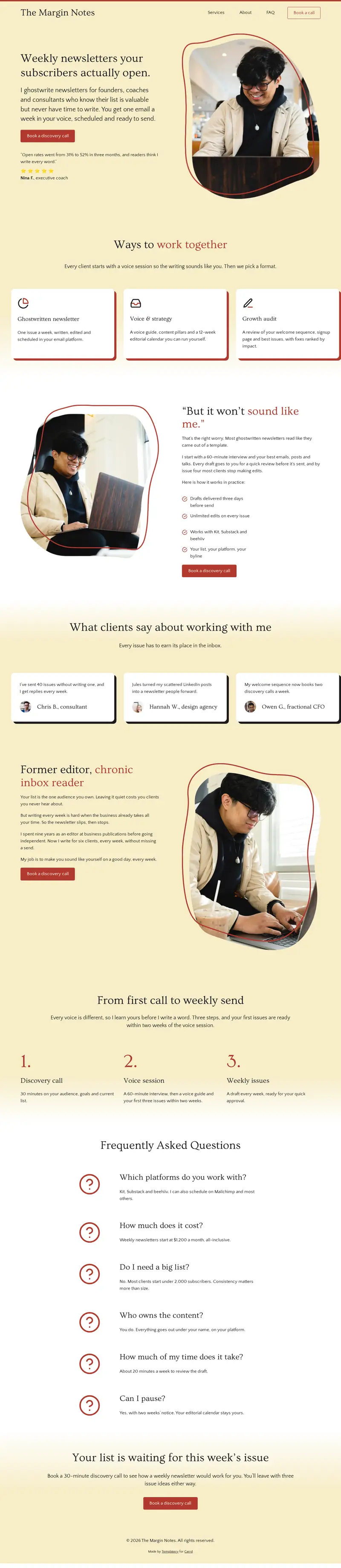 Full page of the Newsletter writer sample site built with Calgary