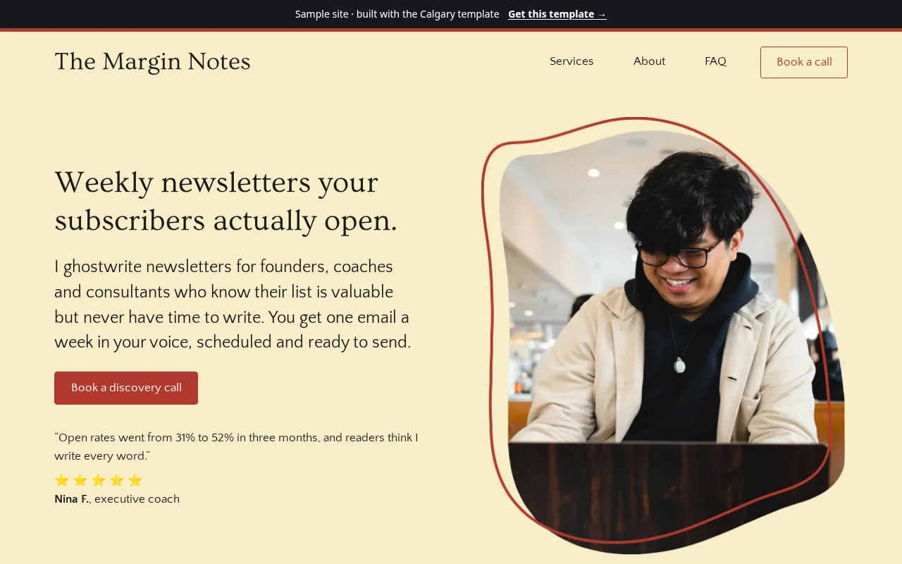 Newsletter writer sample site built with the Calgary template
